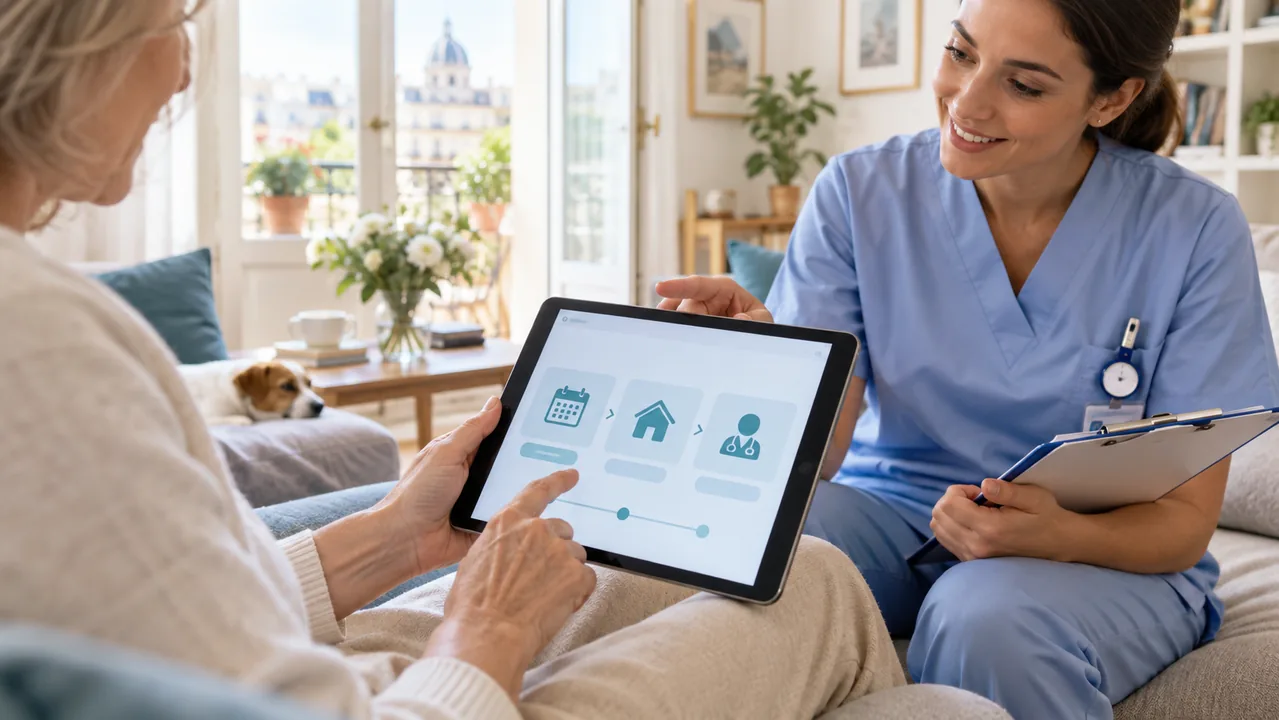 Prenotazione guidata Nurxy su tablet durante assistenza a domicilio