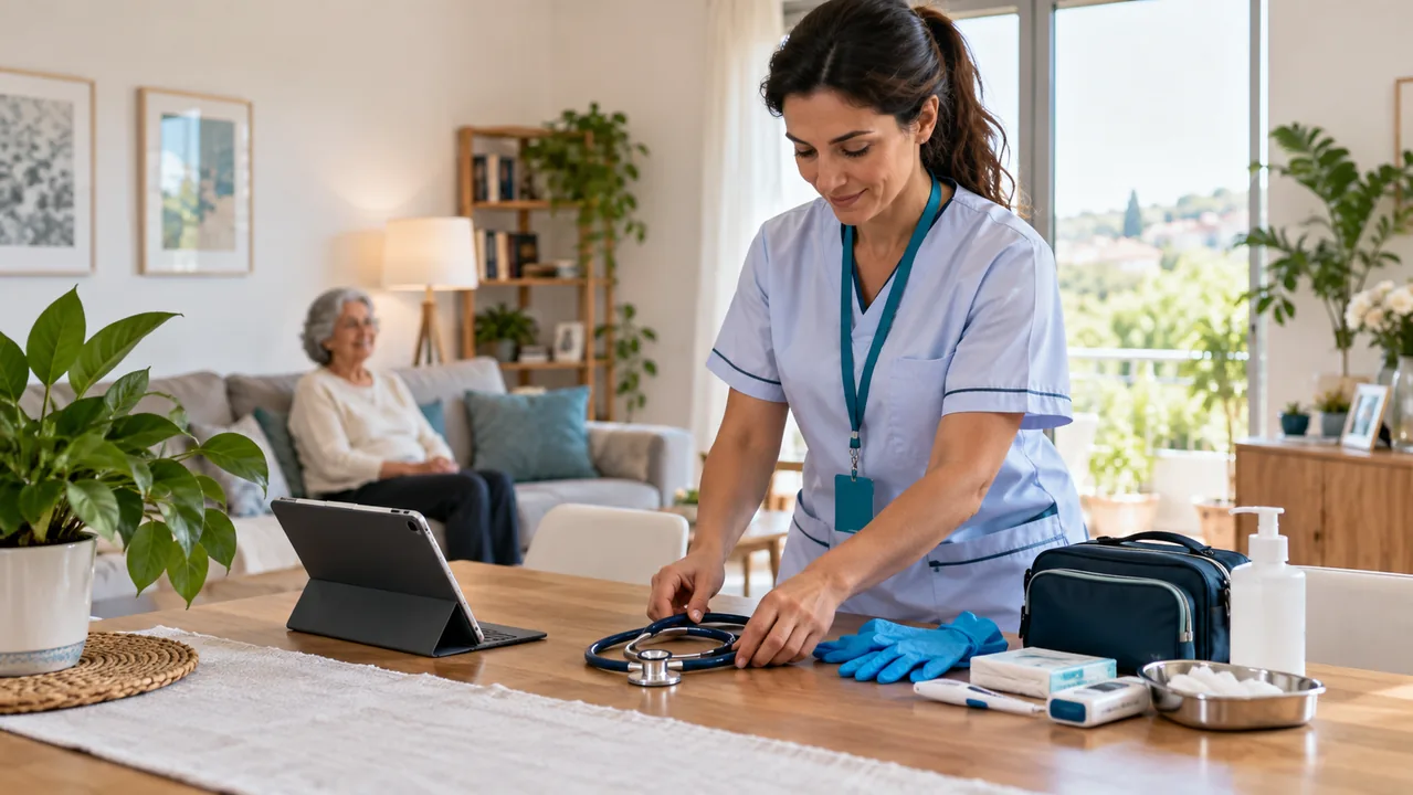 Professionista sanitaria prepara materiali per assistenza a domicilio
