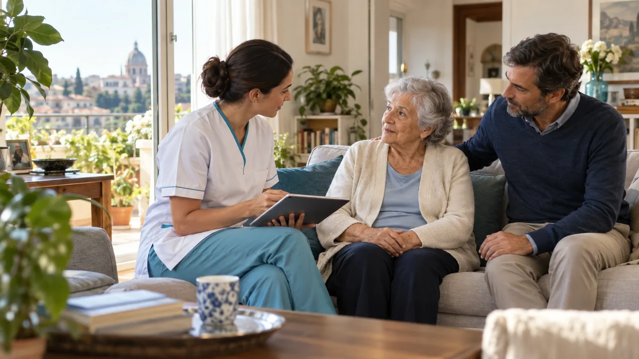 Professionista sanitaria dialoga con una persona assistita e un familiare a domicilio
